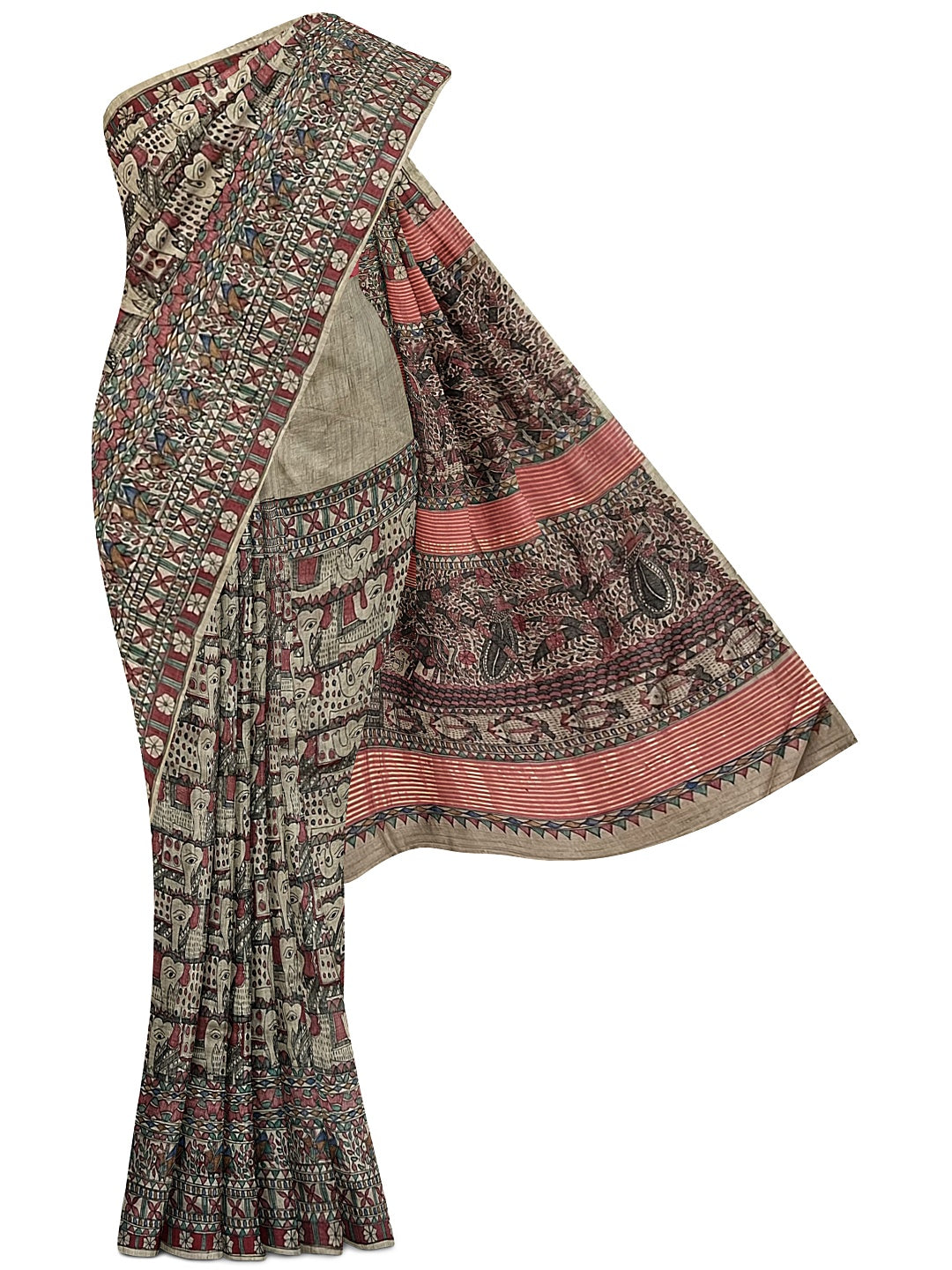 All-Over Handpainted Madhubani Saree on Desi Tussar Silk - Elephant Motifs